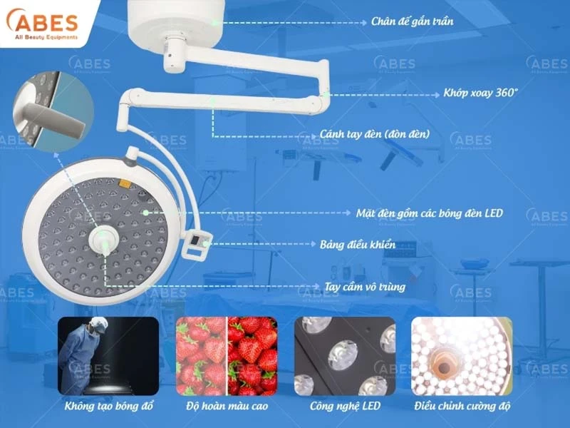 Đèn phẫu thuật treo trần được chế tạo với các đặc điểm kỹ thuật phù hợp môi trường y tế