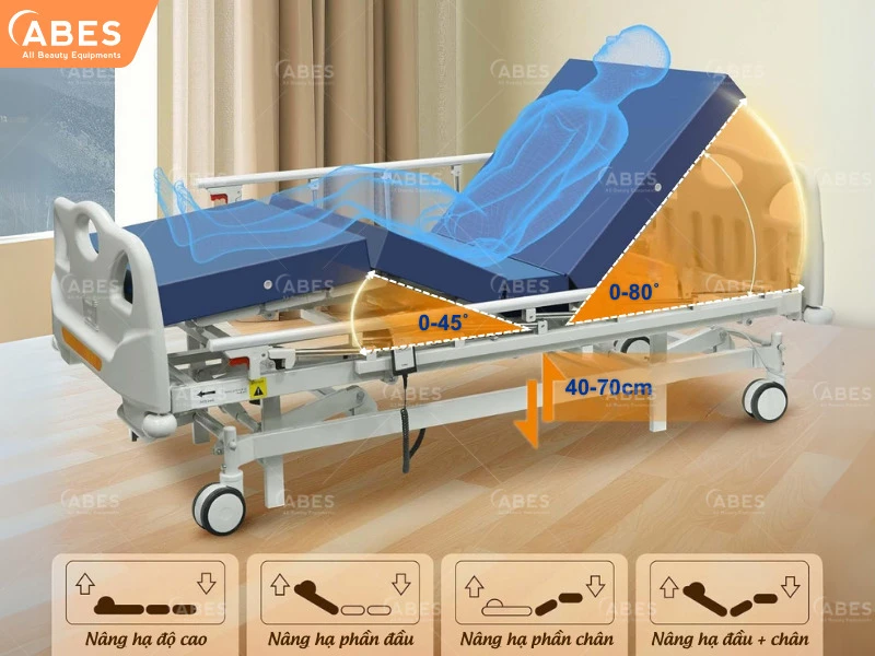 Giường bệnh nhân được tích hợp các chức năng điều chỉnh nâng hạ linh hoạt