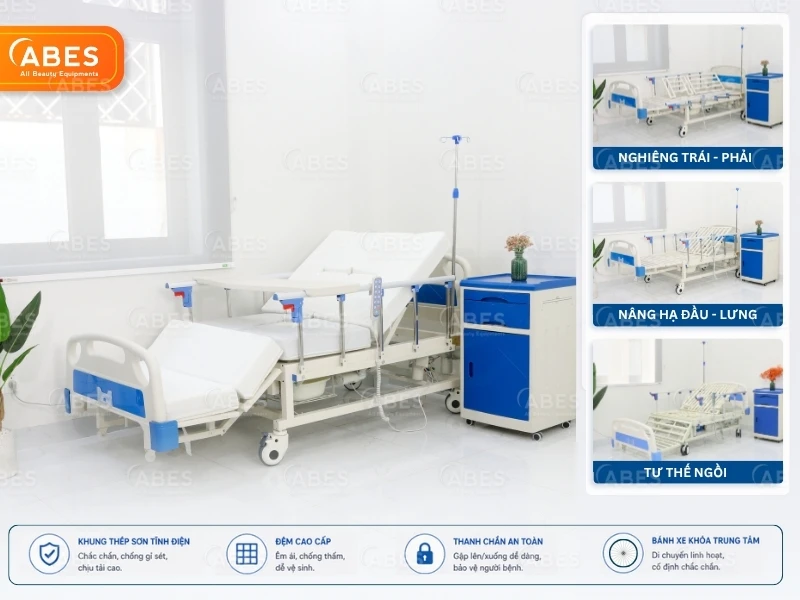 Giường cấp cứu ICU chỉnh điện remote với phần thiết kế lan can giường đơn giản, chắc chắn