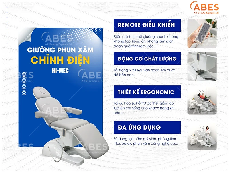 Giường phun xăm chỉnh điện Hi-MEC chất lượng, đáp ứng nhu cầu sử dụng.