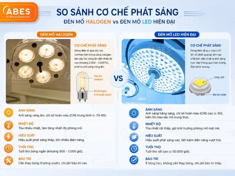 So sánh cơ chế phát sáng đèn mổ Halogen và đèn mổ LED